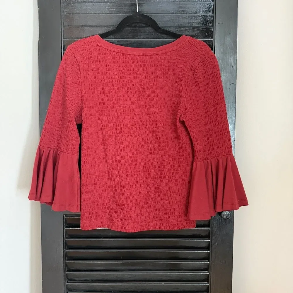 Anthropologie Rust Red Smocked Ruffle Bell Sleeve Top Size M Cotton Stretch